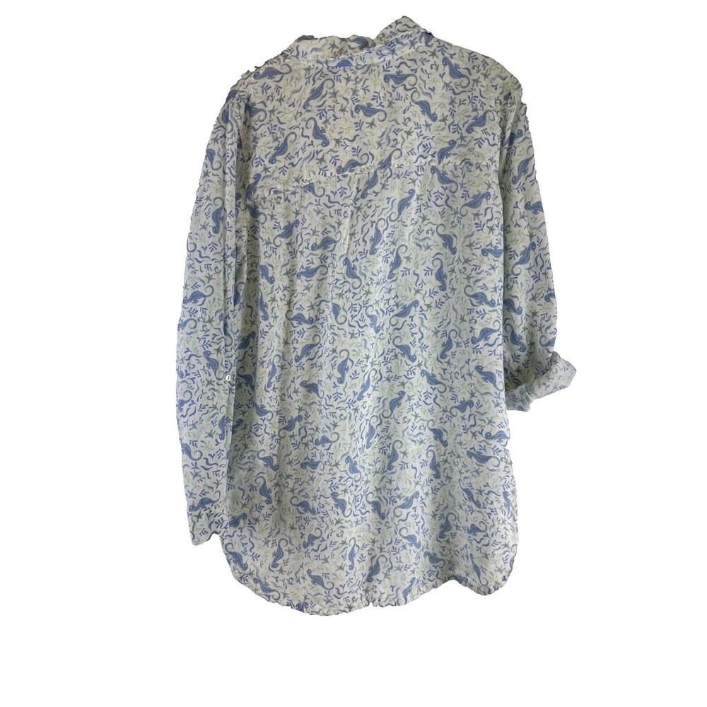 Sigrid Olsen Linen Tunic Shirt Button Down White Blue Seahorse Roll Tab Sleeves - Picture 8 of 11